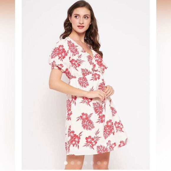 Sim & Sam NWT Red Ivory Trop Poplin Print Mini Dress Size Small - Picture 1 of 16